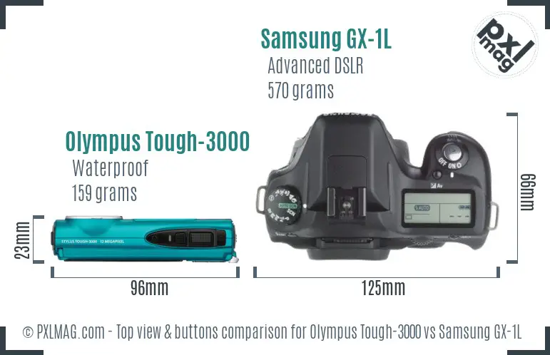 Olympus Tough-3000 vs Samsung GX-1L top view buttons comparison