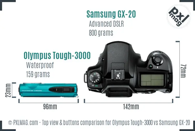 Olympus Tough-3000 vs Samsung GX-20 top view buttons comparison