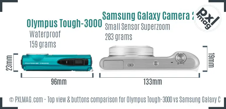 Olympus Tough-3000 vs Samsung Galaxy Camera 2 top view buttons comparison