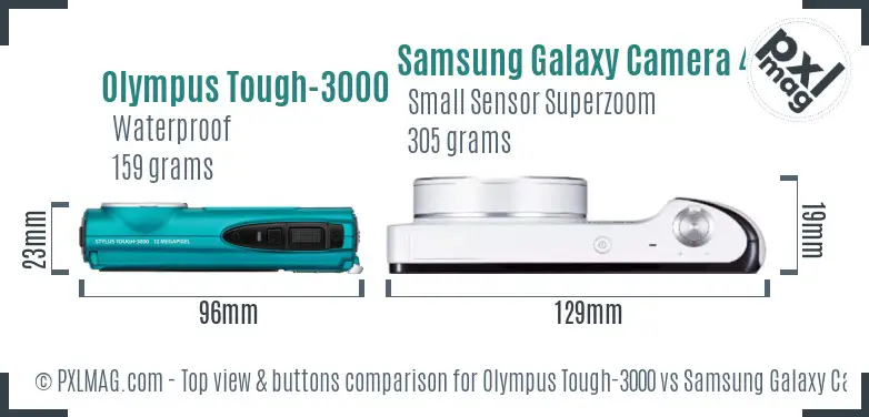 Olympus Tough-3000 vs Samsung Galaxy Camera 4G top view buttons comparison Olympus Tough-3000 vs Samsung Galaxy Camera 4G top view buttons comparison