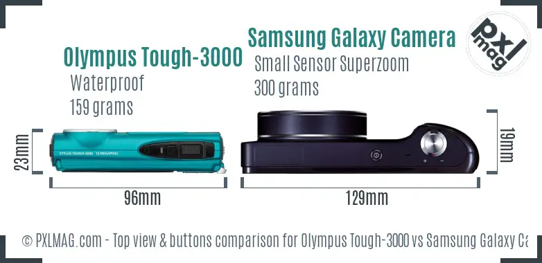 Olympus Tough-3000 vs Samsung Galaxy Camera top view buttons comparison Olympus Tough-3000 vs Samsung Galaxy Camera top view buttons comparison