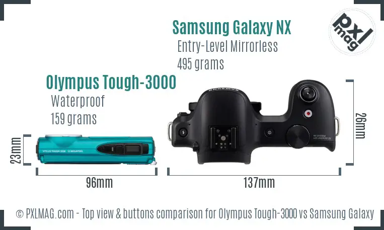 Olympus Tough-3000 vs Samsung Galaxy NX top view buttons comparison