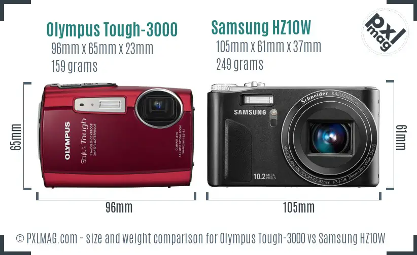 Olympus Tough-3000 vs Samsung HZ10W size comparison