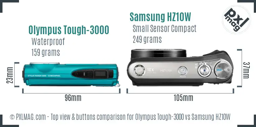 Olympus Tough-3000 vs Samsung HZ10W top view buttons comparison