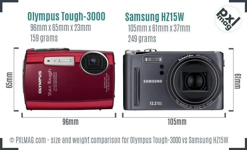 Olympus Tough-3000 vs Samsung HZ15W size comparison