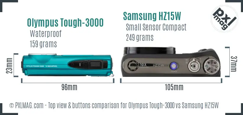 Olympus Tough-3000 vs Samsung HZ15W top view buttons comparison