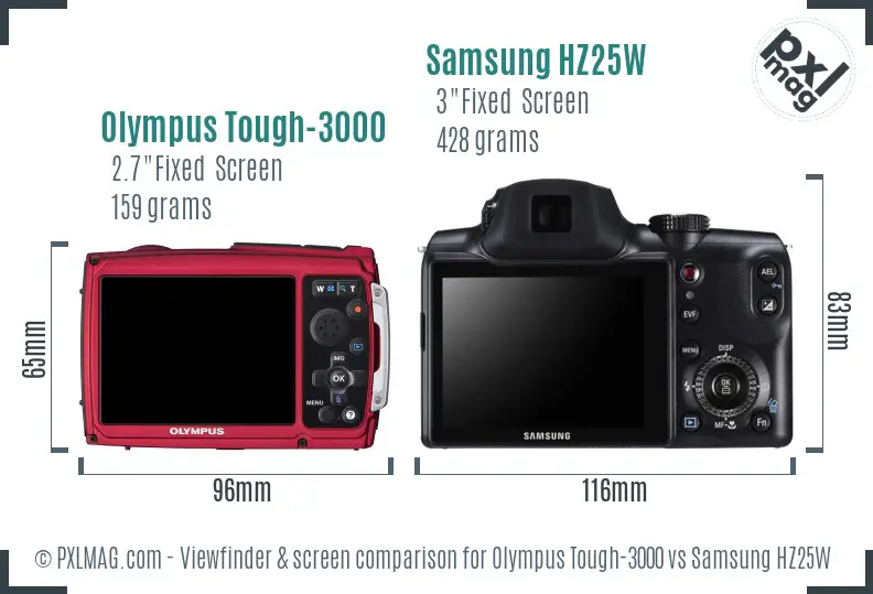 Olympus Tough-3000 vs Samsung HZ25W Screen and Viewfinder comparison