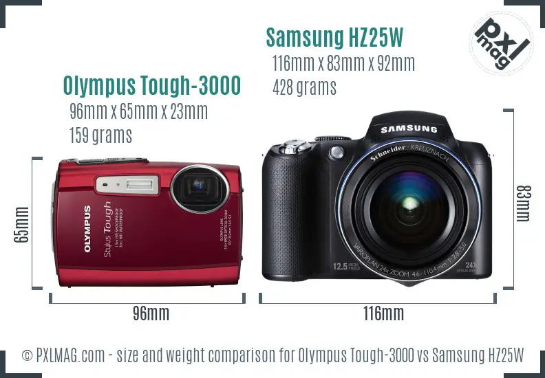 Olympus Tough-3000 vs Samsung HZ25W size comparison