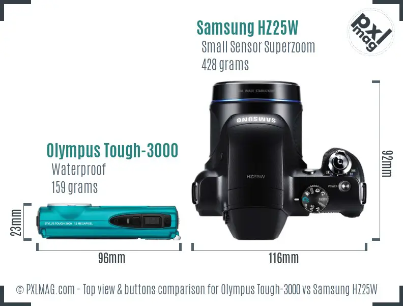 Olympus Tough-3000 vs Samsung HZ25W top view buttons comparison