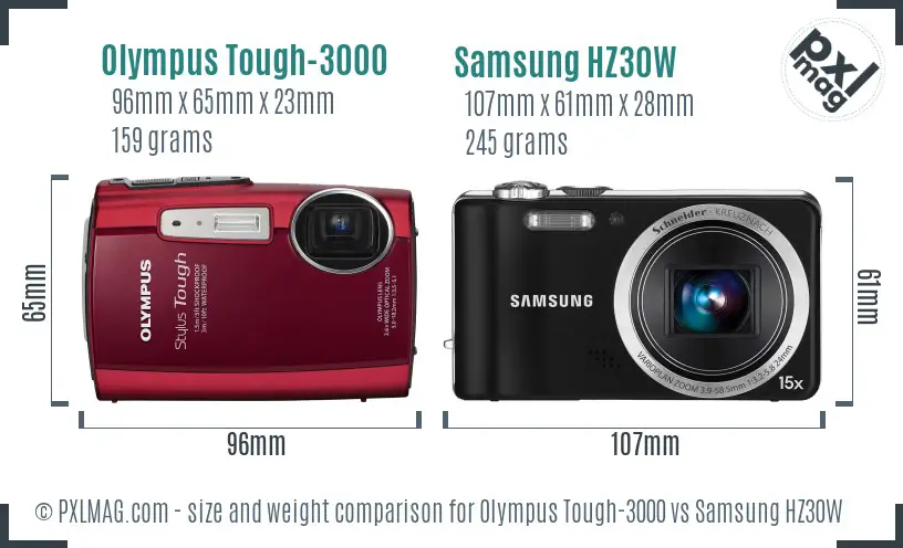 Olympus Tough-3000 vs Samsung HZ30W size comparison