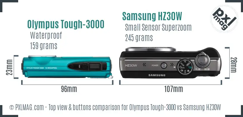 Olympus Tough-3000 vs Samsung HZ30W top view buttons comparison