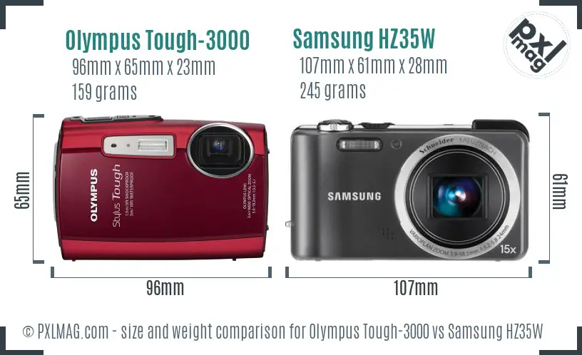 Olympus Tough-3000 vs Samsung HZ35W size comparison