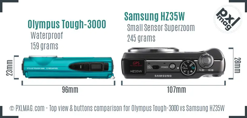 Olympus Tough-3000 vs Samsung HZ35W top view buttons comparison