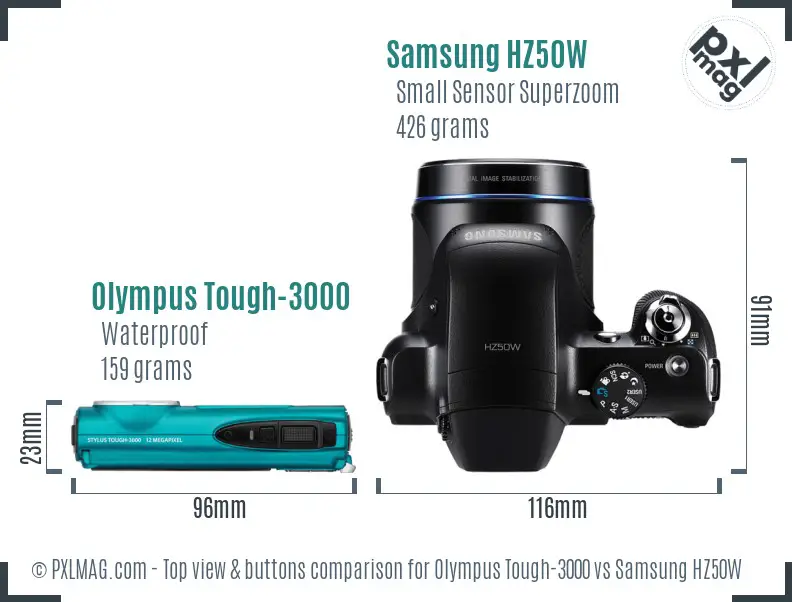 Olympus Tough-3000 vs Samsung HZ50W top view buttons comparison