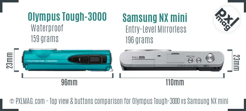 Olympus Tough-3000 vs Samsung NX mini top view buttons comparison