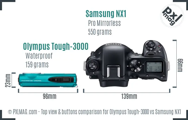 Olympus Tough-3000 vs Samsung NX1 top view buttons comparison