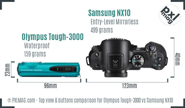 Olympus Tough-3000 vs Samsung NX10 top view buttons comparison Olympus Tough-3000 vs Samsung NX10 top view buttons comparison