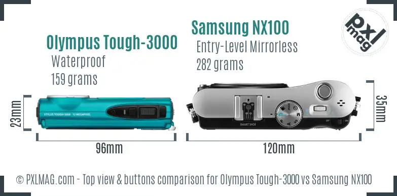 Olympus Tough-3000 vs Samsung NX100 top view buttons comparison