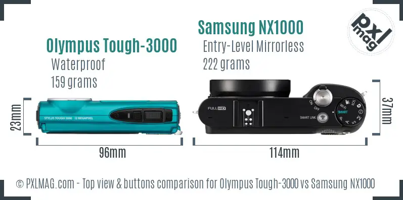 Olympus Tough-3000 vs Samsung NX1000 top view buttons comparison