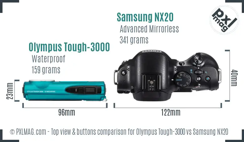 Olympus Tough-3000 vs Samsung NX20 top view buttons comparison Olympus Tough-3000 vs Samsung NX20 top view buttons comparison