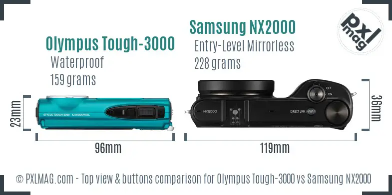 Olympus Tough-3000 vs Samsung NX2000 top view buttons comparison