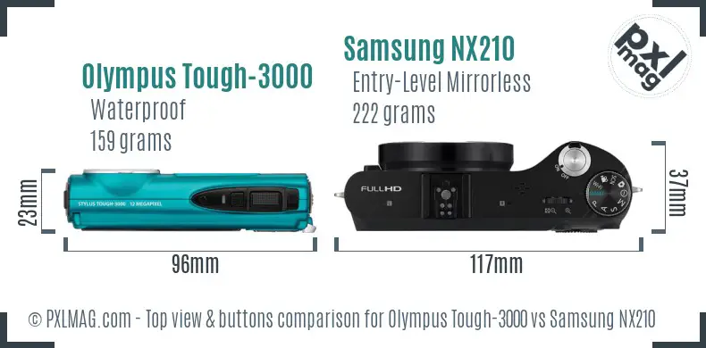 Olympus Tough-3000 vs Samsung NX210 top view buttons comparison