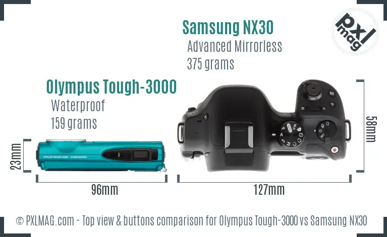 Olympus Tough-3000 vs Samsung NX30 top view buttons comparison Olympus Tough-3000 vs Samsung NX30 top view buttons comparison