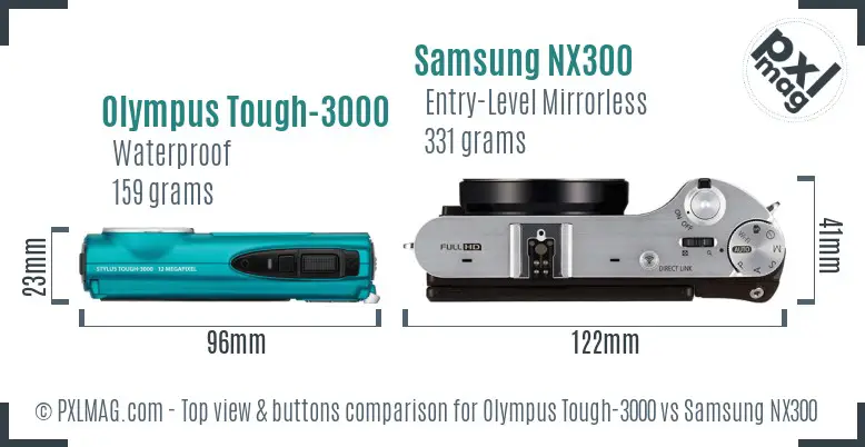 Olympus Tough-3000 vs Samsung NX300 top view buttons comparison