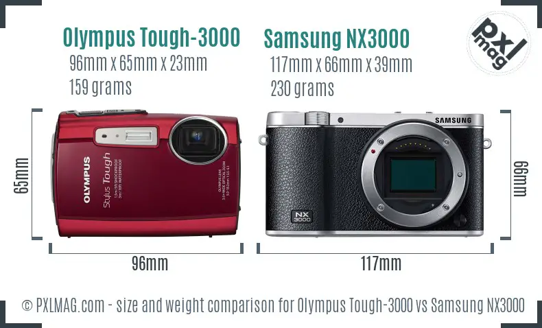 Olympus Tough-3000 vs Samsung NX3000 size comparison