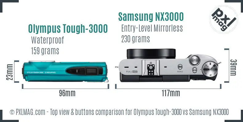 Olympus Tough-3000 vs Samsung NX3000 top view buttons comparison