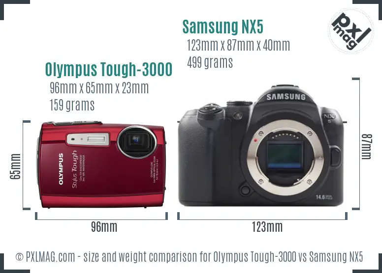 Olympus Tough-3000 vs Samsung NX5 size comparison