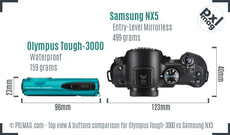 Olympus Tough-3000 vs Samsung NX5 top view buttons comparison