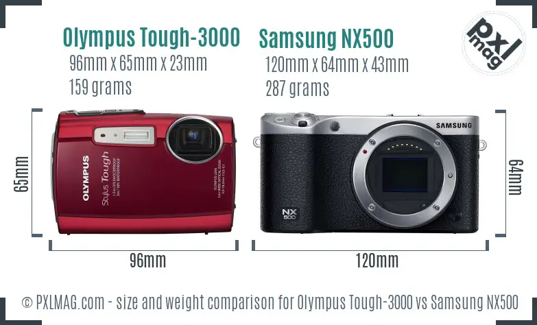 Olympus Tough-3000 vs Samsung NX500 size comparison Olympus Tough-3000 vs Samsung NX500 size comparison