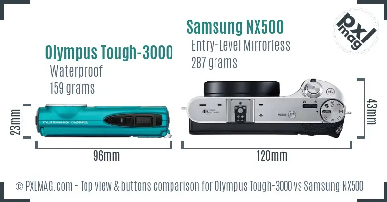 Olympus Tough-3000 vs Samsung NX500 top view buttons comparison Olympus Tough-3000 vs Samsung NX500 top view buttons comparison