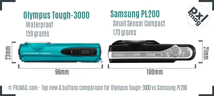 Olympus Tough-3000 vs Samsung PL200 top view buttons comparison Olympus Tough-3000 vs Samsung PL200 top view buttons comparison