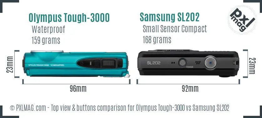Olympus Tough-3000 vs Samsung SL202 top view buttons comparison