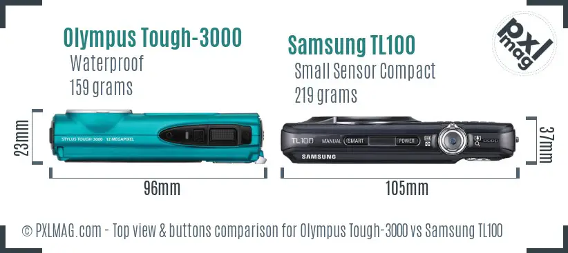 Olympus Tough-3000 vs Samsung TL100 top view buttons comparison