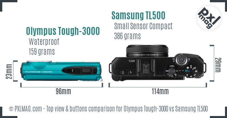 Olympus Tough-3000 vs Samsung TL500 top view buttons comparison