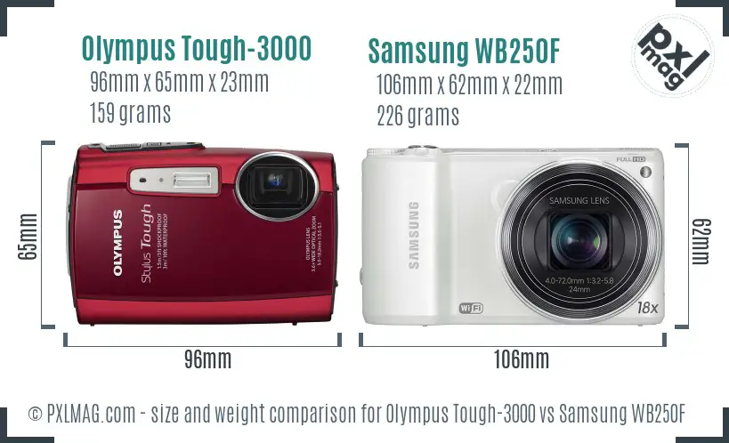 Olympus Tough-3000 vs Samsung WB250F size comparison