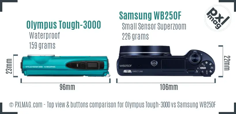 Olympus Tough-3000 vs Samsung WB250F top view buttons comparison