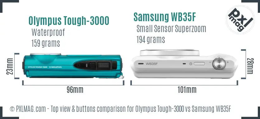 Olympus Tough-3000 vs Samsung WB35F top view buttons comparison