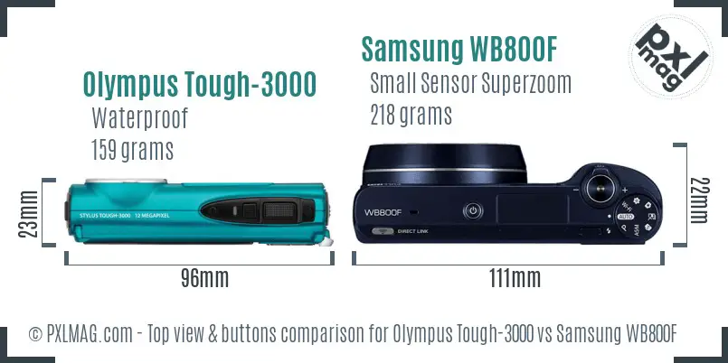 Olympus Tough-3000 vs Samsung WB800F top view buttons comparison Olympus Tough-3000 vs Samsung WB800F top view buttons comparison