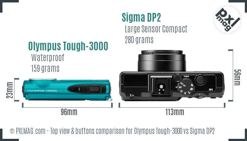 Olympus Tough-3000 vs Sigma DP2 top view buttons comparison Olympus Tough-3000 vs Sigma DP2 top view buttons comparison