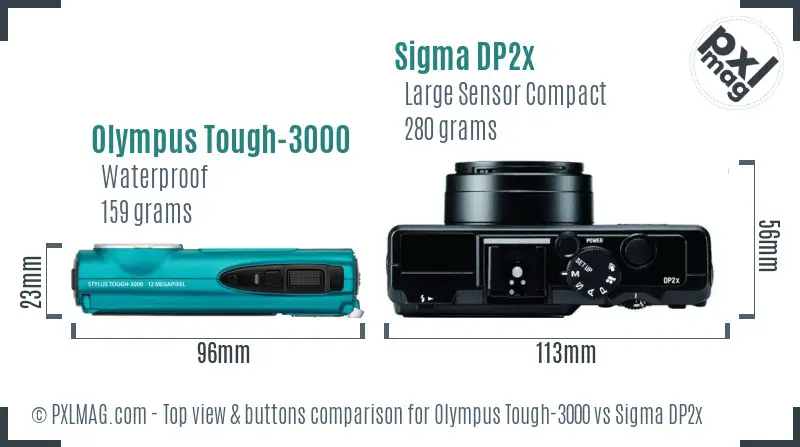 Olympus Tough-3000 vs Sigma DP2x top view buttons comparison Olympus Tough-3000 vs Sigma DP2x top view buttons comparison