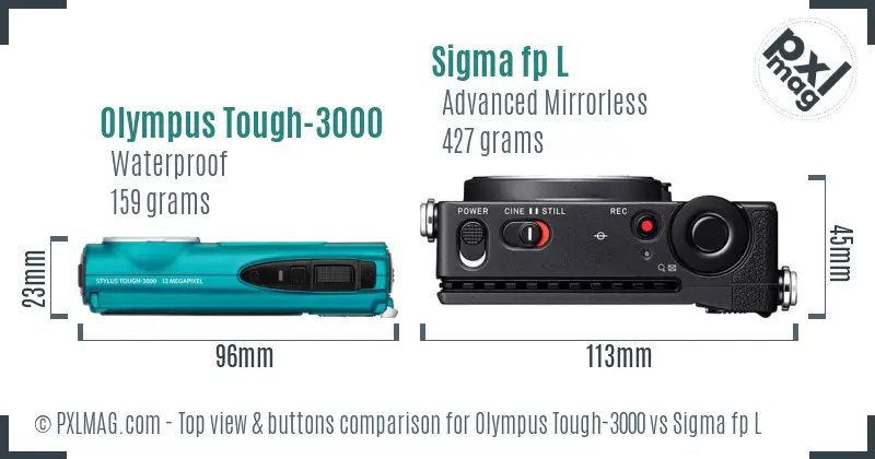 Olympus Tough-3000 vs Sigma fp L top view buttons comparison