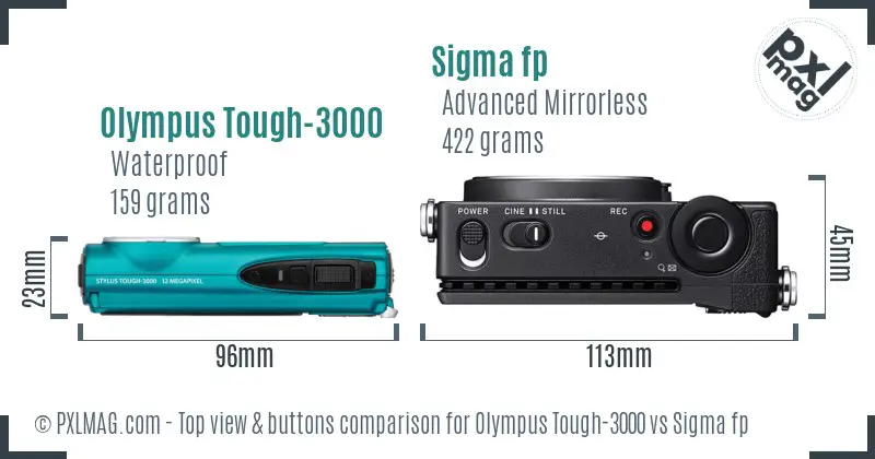 Olympus Tough-3000 vs Sigma fp top view buttons comparison