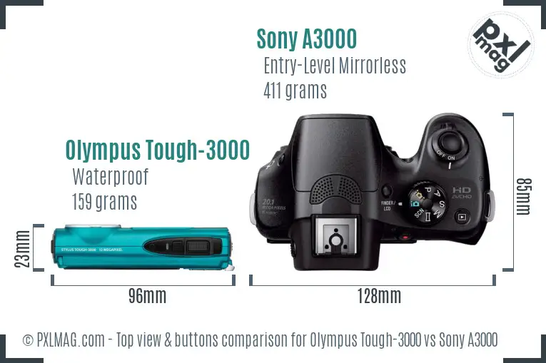 Olympus Tough-3000 vs Sony A3000 top view buttons comparison Olympus Tough-3000 vs Sony A3000 top view buttons comparison