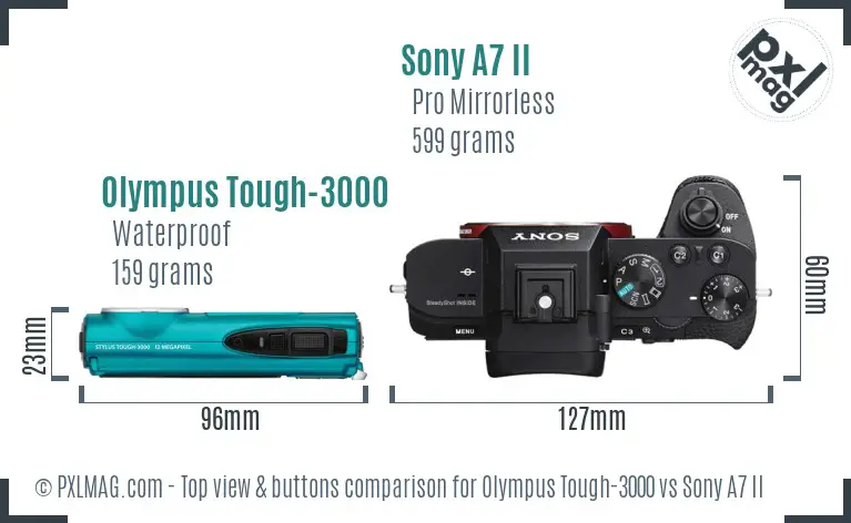Olympus Tough-3000 vs Sony A7 II top view buttons comparison Olympus Tough-3000 vs Sony A7 II top view buttons comparison