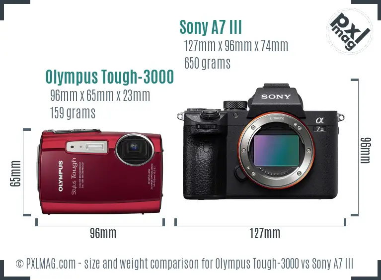 Olympus Tough-3000 vs Sony A7 III size comparison