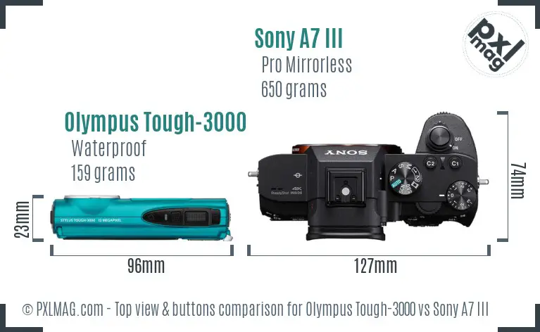 Olympus Tough-3000 vs Sony A7 III top view buttons comparison